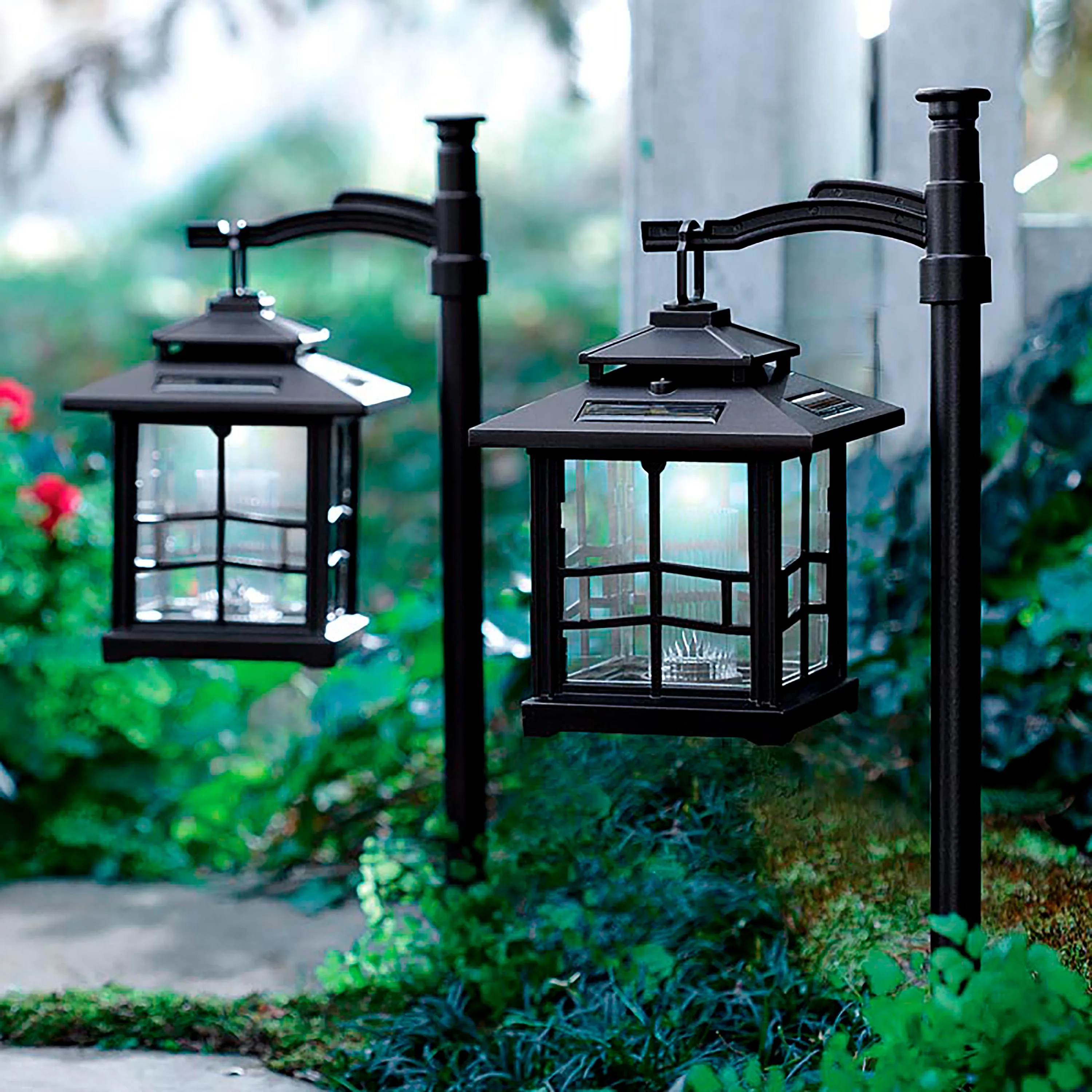 3-in-1 Solar Lanterns with Shepherd's Hook/Ground Stake, Set of 2, Bronze