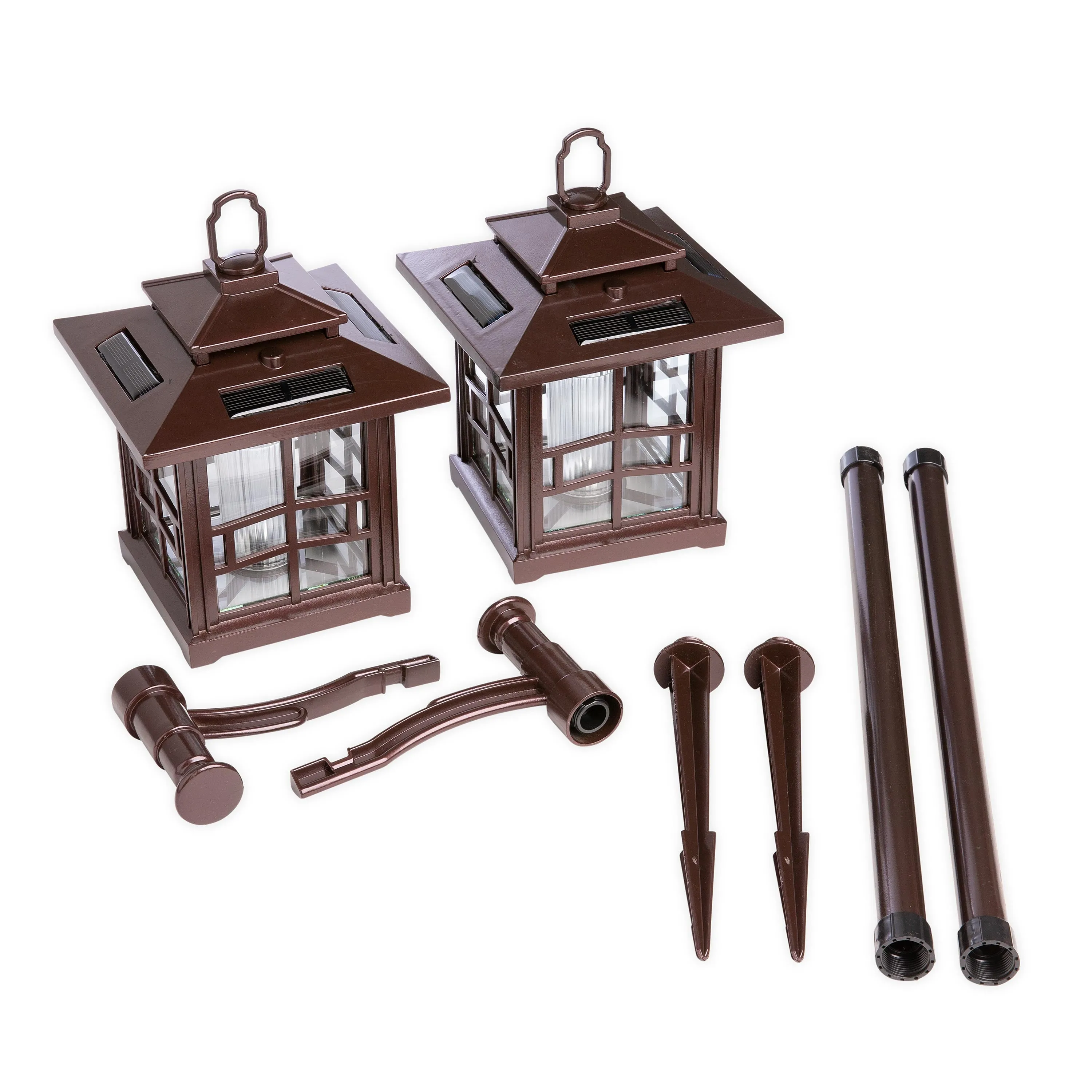 3-in-1 Solar Lanterns with Shepherd's Hook/Ground Stake, Set of 2, Bronze