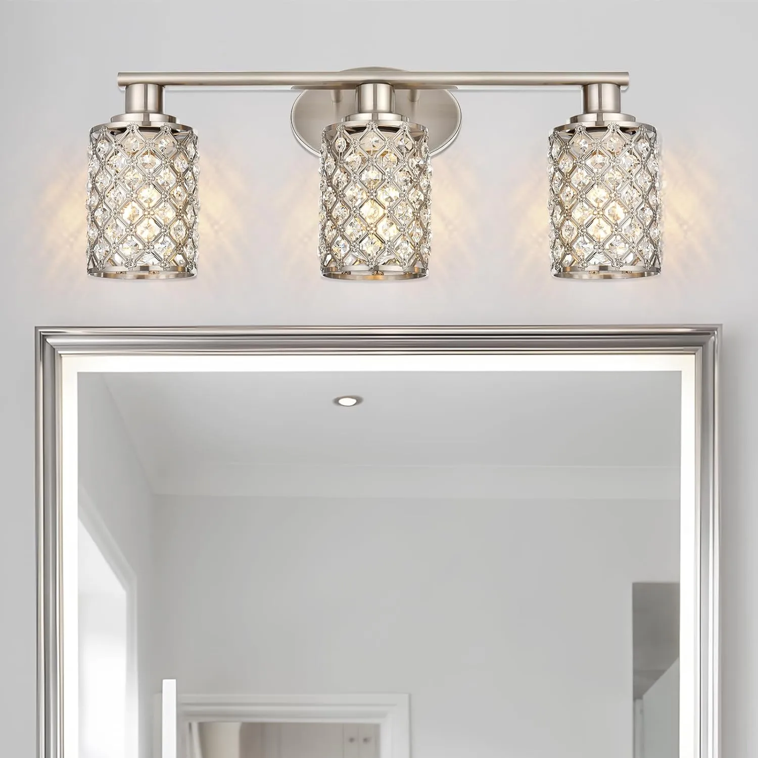 3 Light Bathroom Light Fixtures, Modern Farmhouse Vanity Light,Brushed Nickel Bathroom Lights Over Mirror,Crystal Vanity Lighting Fixtures for Bathroom,Powder Room