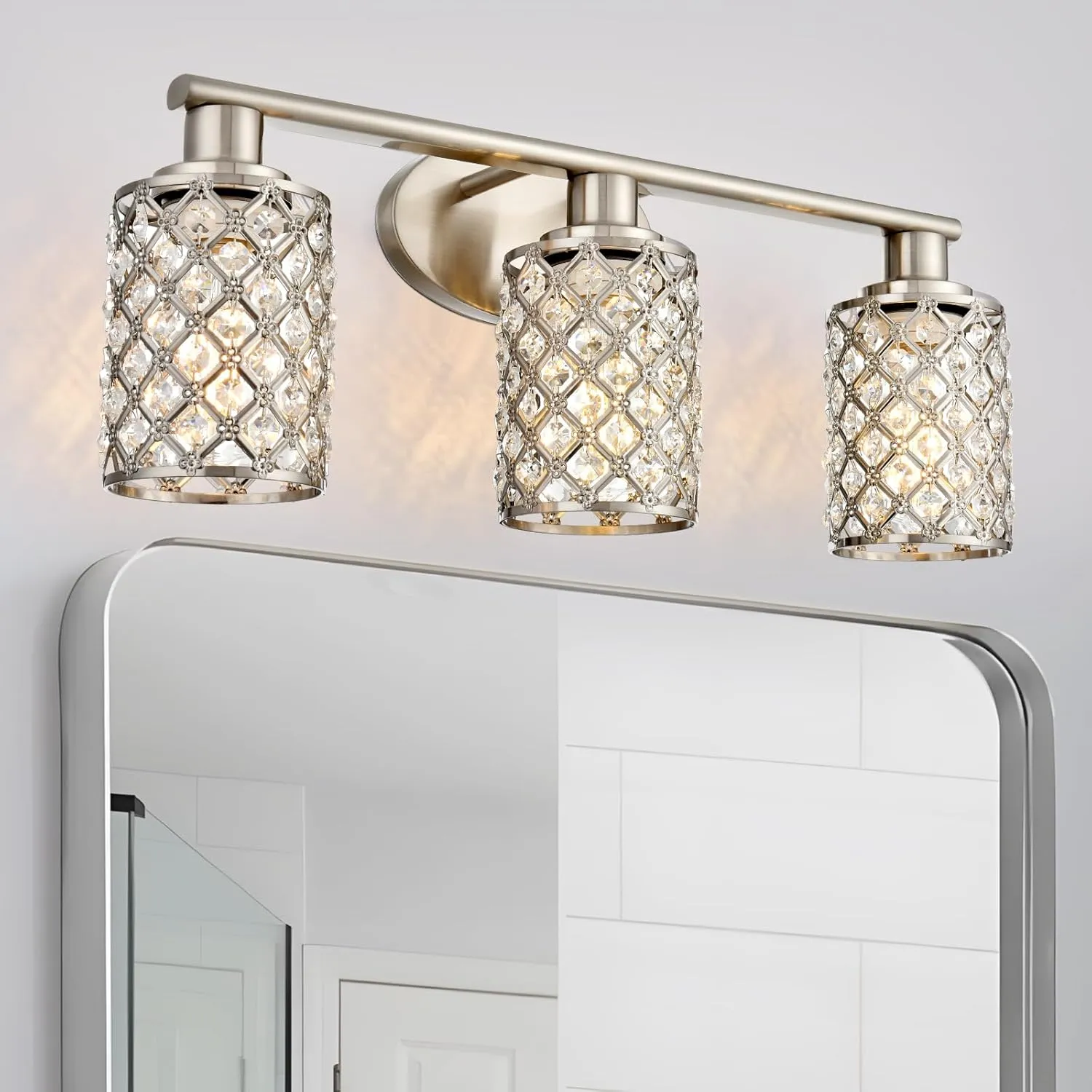 3 Light Bathroom Light Fixtures, Modern Farmhouse Vanity Light,Brushed Nickel Bathroom Lights Over Mirror,Crystal Vanity Lighting Fixtures for Bathroom,Powder Room
