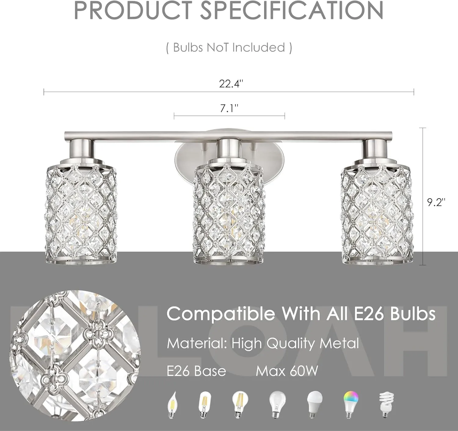 3 Light Bathroom Light Fixtures, Modern Farmhouse Vanity Light,Brushed Nickel Bathroom Lights Over Mirror,Crystal Vanity Lighting Fixtures for Bathroom,Powder Room