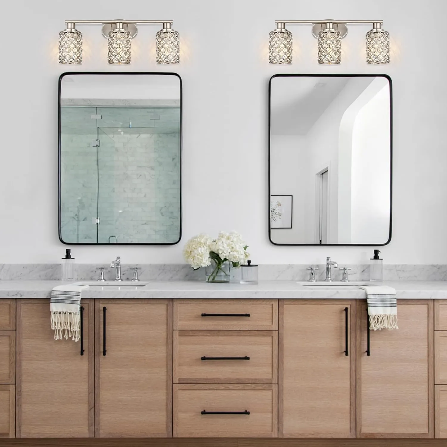 3 Light Bathroom Light Fixtures, Modern Farmhouse Vanity Light,Brushed Nickel Bathroom Lights Over Mirror,Crystal Vanity Lighting Fixtures for Bathroom,Powder Room