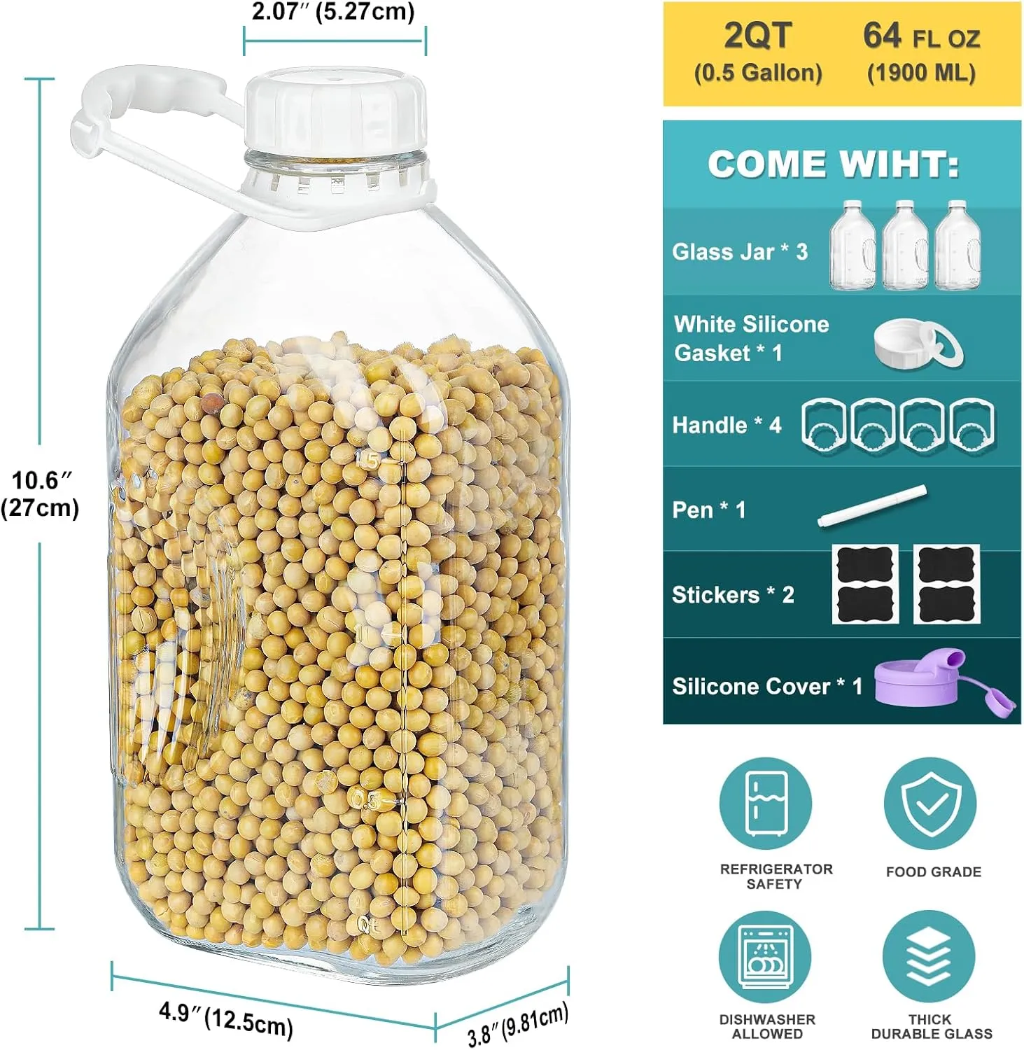 3 Pack 64 Oz Heavy Duty Glass Milk Bottle with Handle and Reusable Airtight SCREW LID, 2 Qt Glass Water Bottle with 2 Exact Scale Lines - Milk & Juice Jug Pitcher