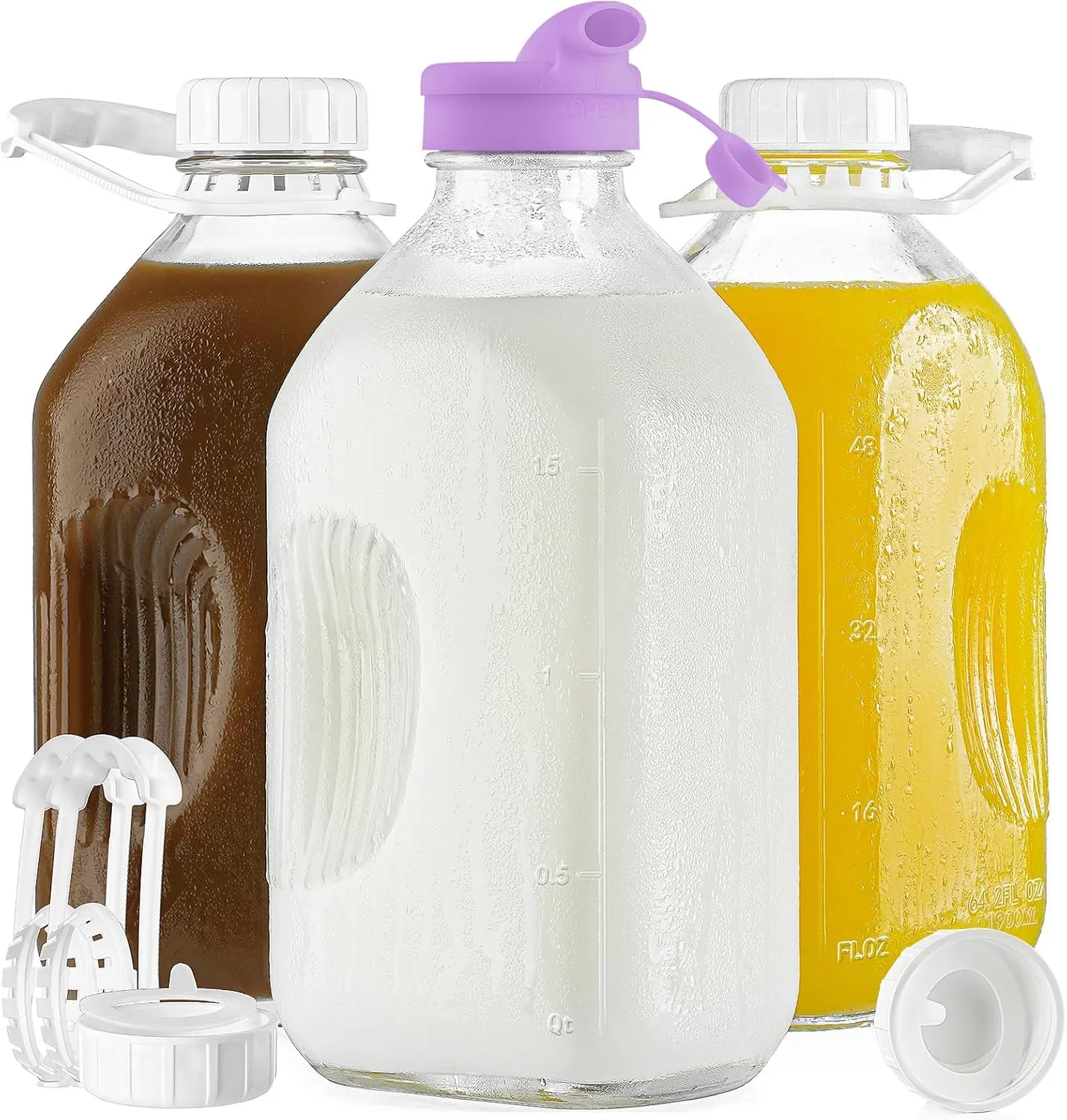 3 Pack 64 Oz Heavy Duty Glass Milk Bottle with Handle and Reusable Airtight SCREW LID, 2 Qt Glass Water Bottle with 2 Exact Scale Lines - Milk & Juice Jug Pitcher