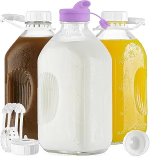 3 Pack 64 Oz Heavy Duty Glass Milk Bottle with Handle and Reusable Airtight SCREW LID, 2 Qt Glass Water Bottle with 2 Exact Scale Lines - Milk & Juice Jug Pitcher