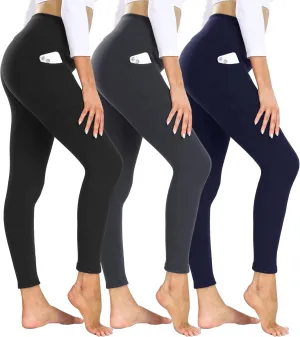3 Pack Fleece Lined Leggings Women with Pockets - High Waisted Plus Size Winter Thermal Yoga Pants (S-5XL)