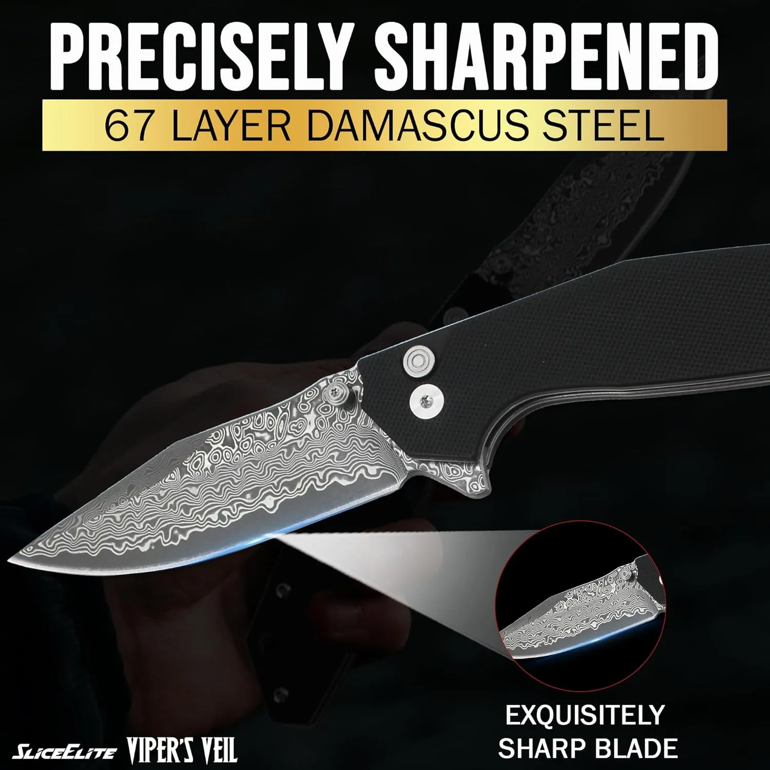 3.4-Inch Viper's Veil Folding Knife | Pocket Knife for Men with G10 Composite Handle, 67-Layer Damascus Steel Clip Drop Hybrid Blade | EDC Knife with Button Lock & Pocket Clip