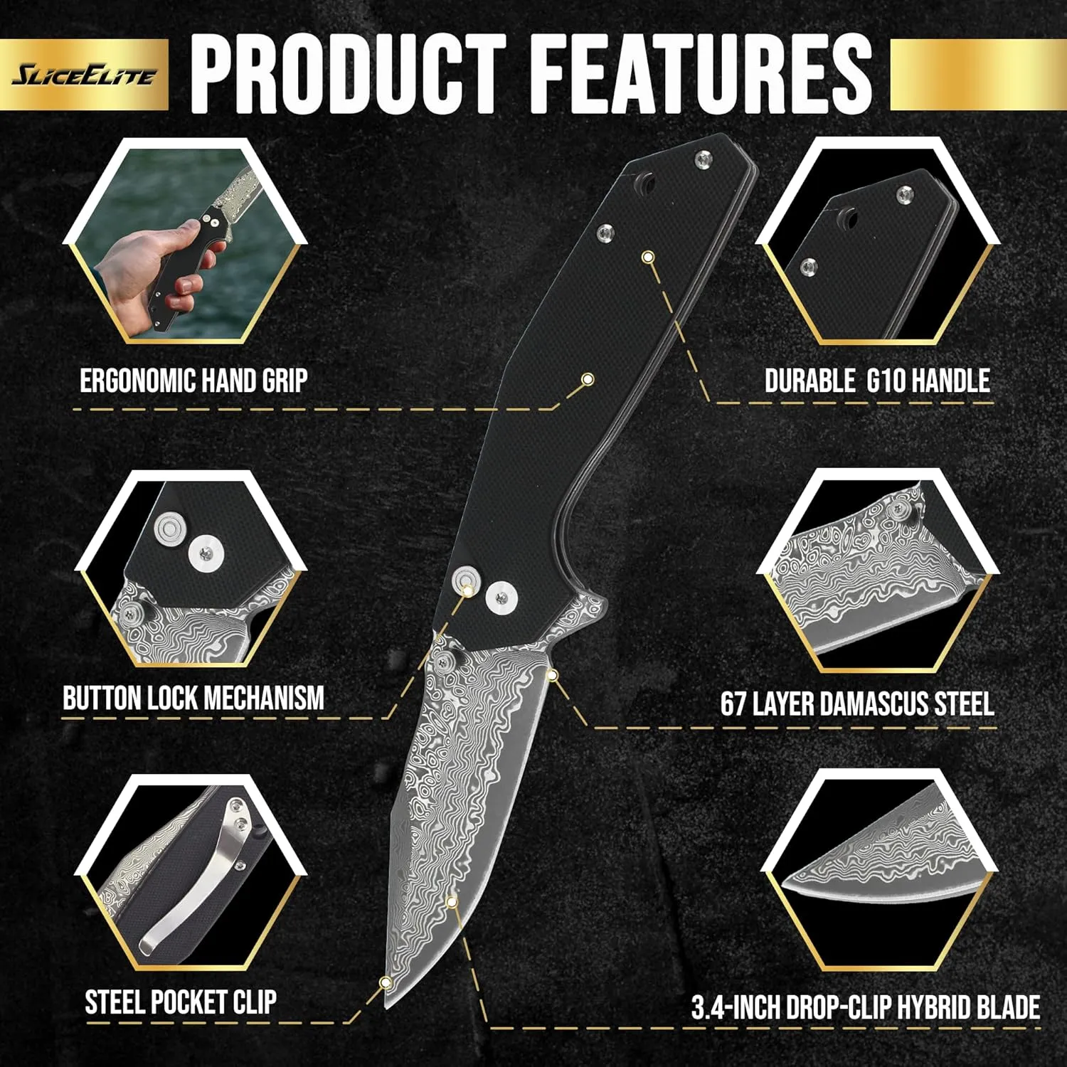 3.4-Inch Viper's Veil Folding Knife | Pocket Knife for Men with G10 Composite Handle, 67-Layer Damascus Steel Clip Drop Hybrid Blade | EDC Knife with Button Lock & Pocket Clip