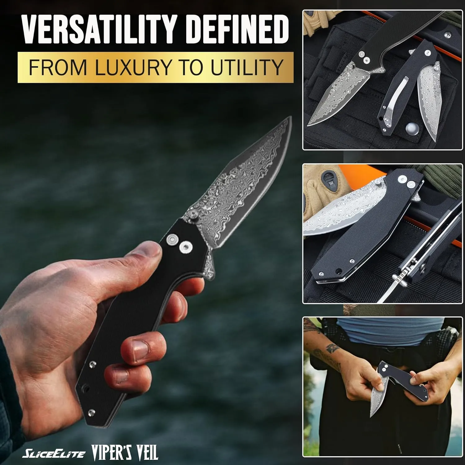 3.4-Inch Viper's Veil Folding Knife | Pocket Knife for Men with G10 Composite Handle, 67-Layer Damascus Steel Clip Drop Hybrid Blade | EDC Knife with Button Lock & Pocket Clip