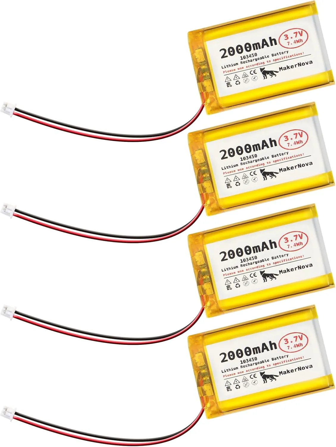 3.7V 103450 2000mAh LiPo Battery, 1S 3C Rechargeable, Micro JST 1.25 Connector, Dual Protection Board, 4 Pack