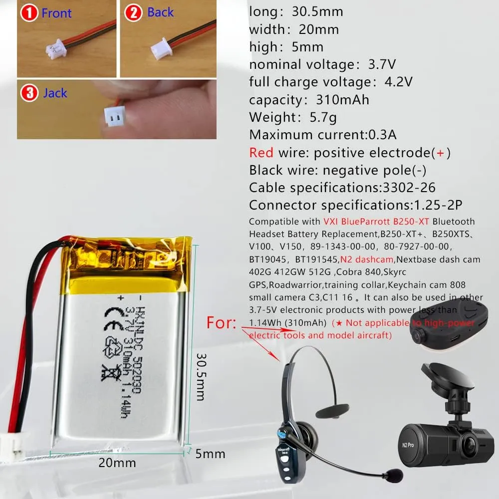 3.7V 310mah 502030 Battery for VXI BlueParrott B250-XT Bluetooth Headset Battery Replacement dashcam Nextbase Dash cam 402G 412GW 512G Cobra 840 Keychain cam 808 Small Camera C3,C11 16