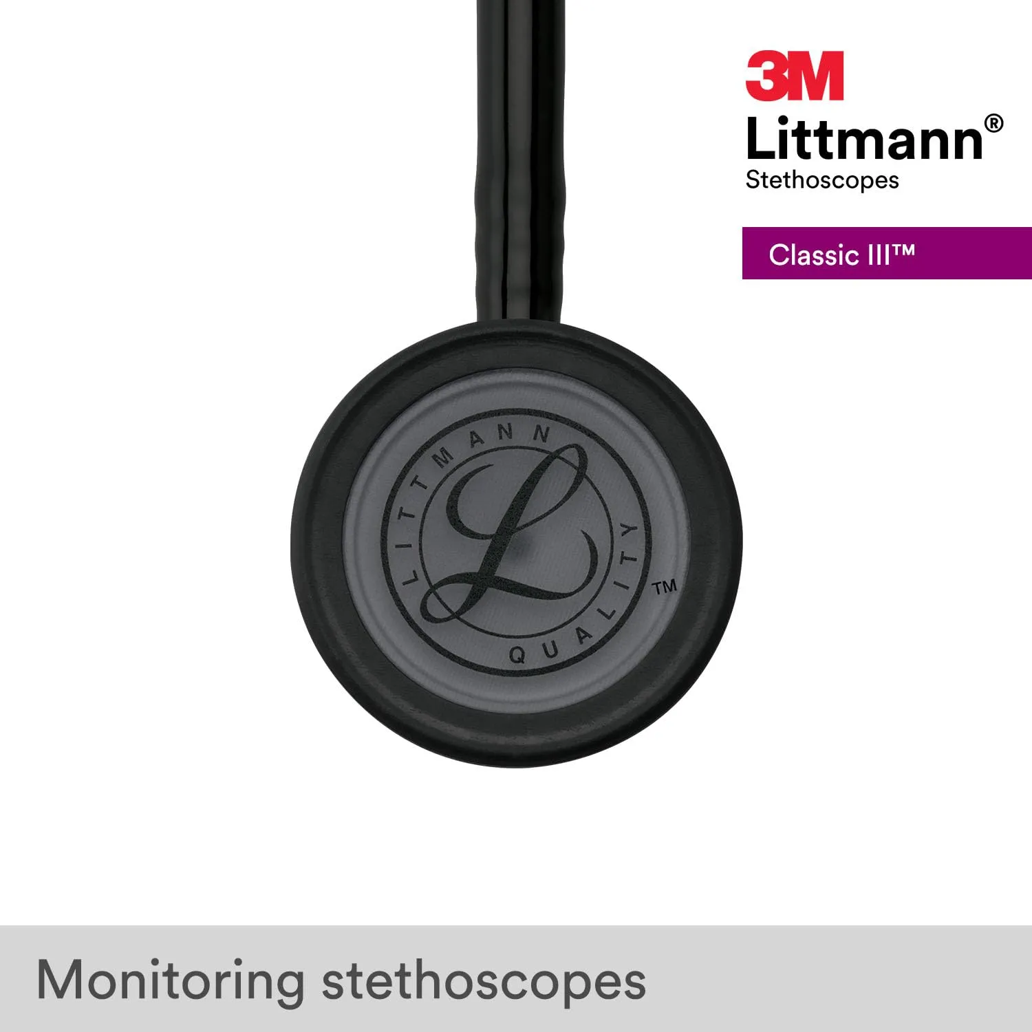 3M Littmann Classic III Monitoring Stethoscope, 5803, More Than 2X as Loud, Weighs Less, Stainless Steel Black-Finish Chestpiece, 27' Black Tube, Stem and Headset