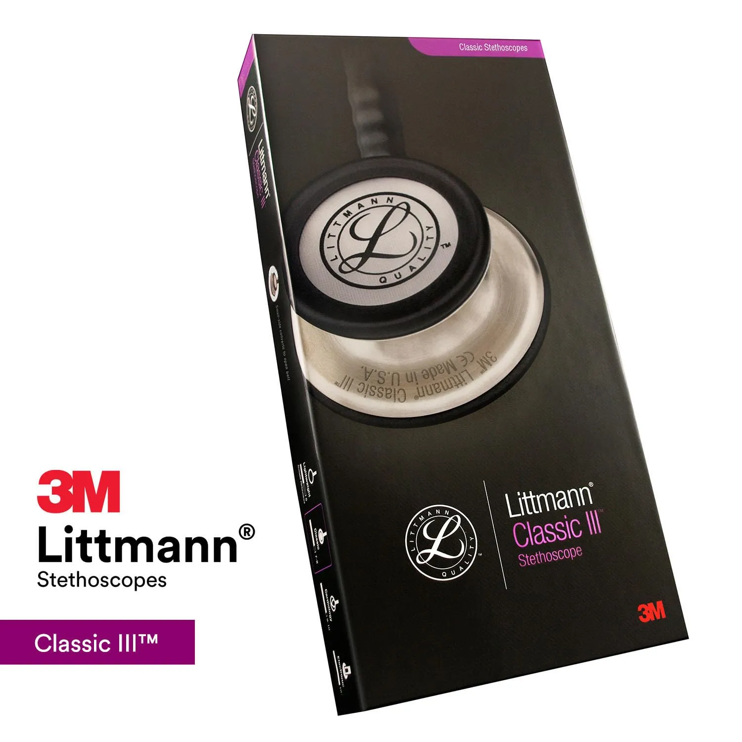 3M Littmann Classic III Monitoring Stethoscope, 5803, More Than 2X as Loud, Weighs Less, Stainless Steel Black-Finish Chestpiece, 27' Black Tube, Stem and Headset
