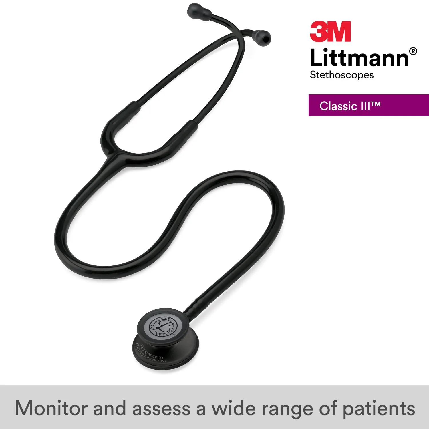 3M Littmann Classic III Monitoring Stethoscope, 5803, More Than 2X as Loud, Weighs Less, Stainless Steel Black-Finish Chestpiece, 27' Black Tube, Stem and Headset