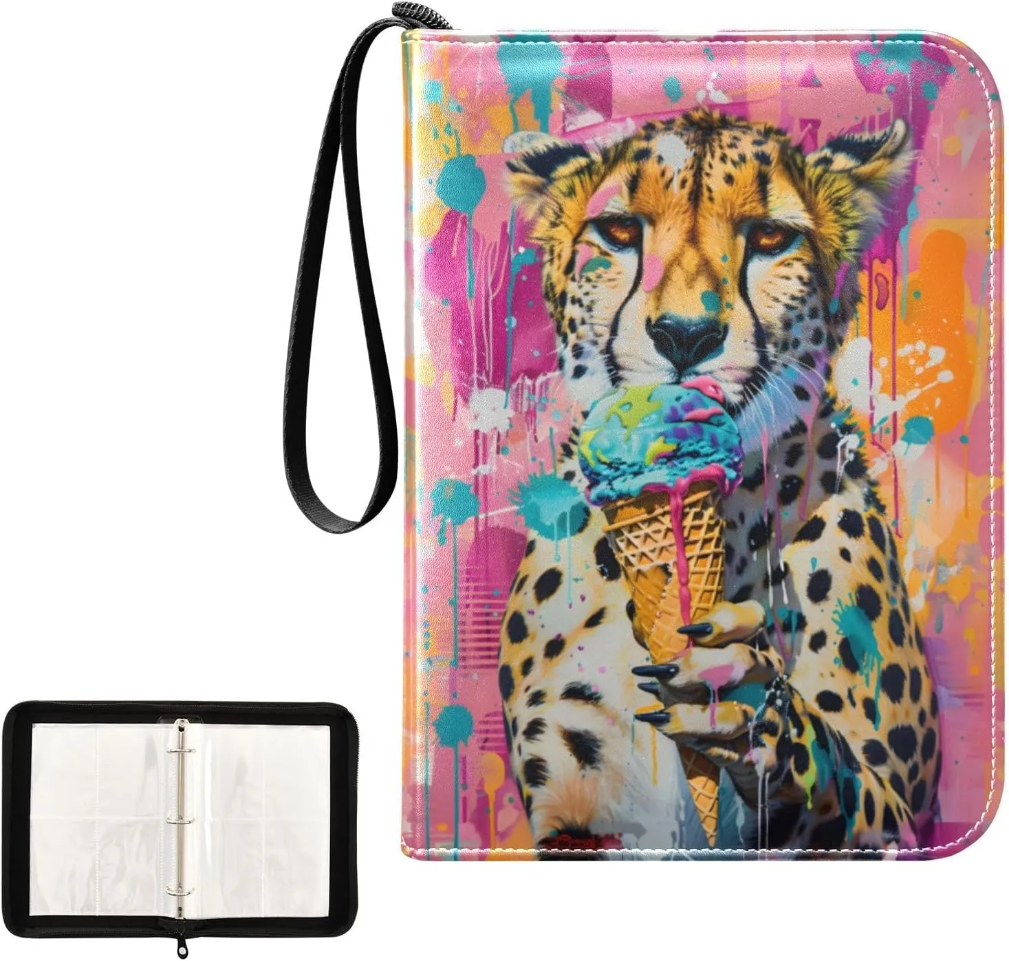 4 Pockets Trading Card Album Holder Book Folder Sports Card Binder Cheetah Ice Cream 400 Double Side Pockets for 3 Ring Binder Zipper