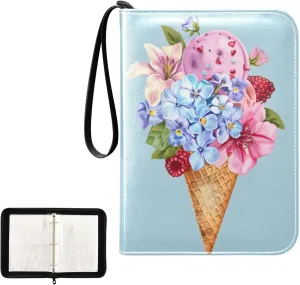 4 Pockets Trading Card Album Holder Book Folder Sports Card Binder Floral Ice Cream 400 Double Side Pockets for 3 Ring Binder Zipper