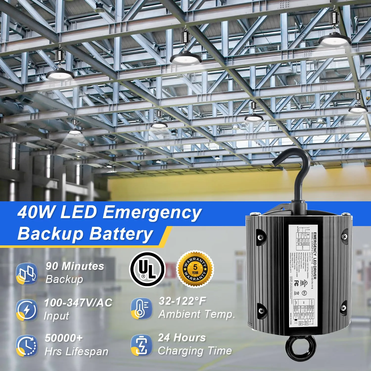 40W LED Emergency Backup Driver, Rechargeable UL Listed Backup Battery for Dimmable UFO LED High Bay Light, Input AC 100-347V Output DC 170V, Emergency Time 90 Minutes (4-Pack)