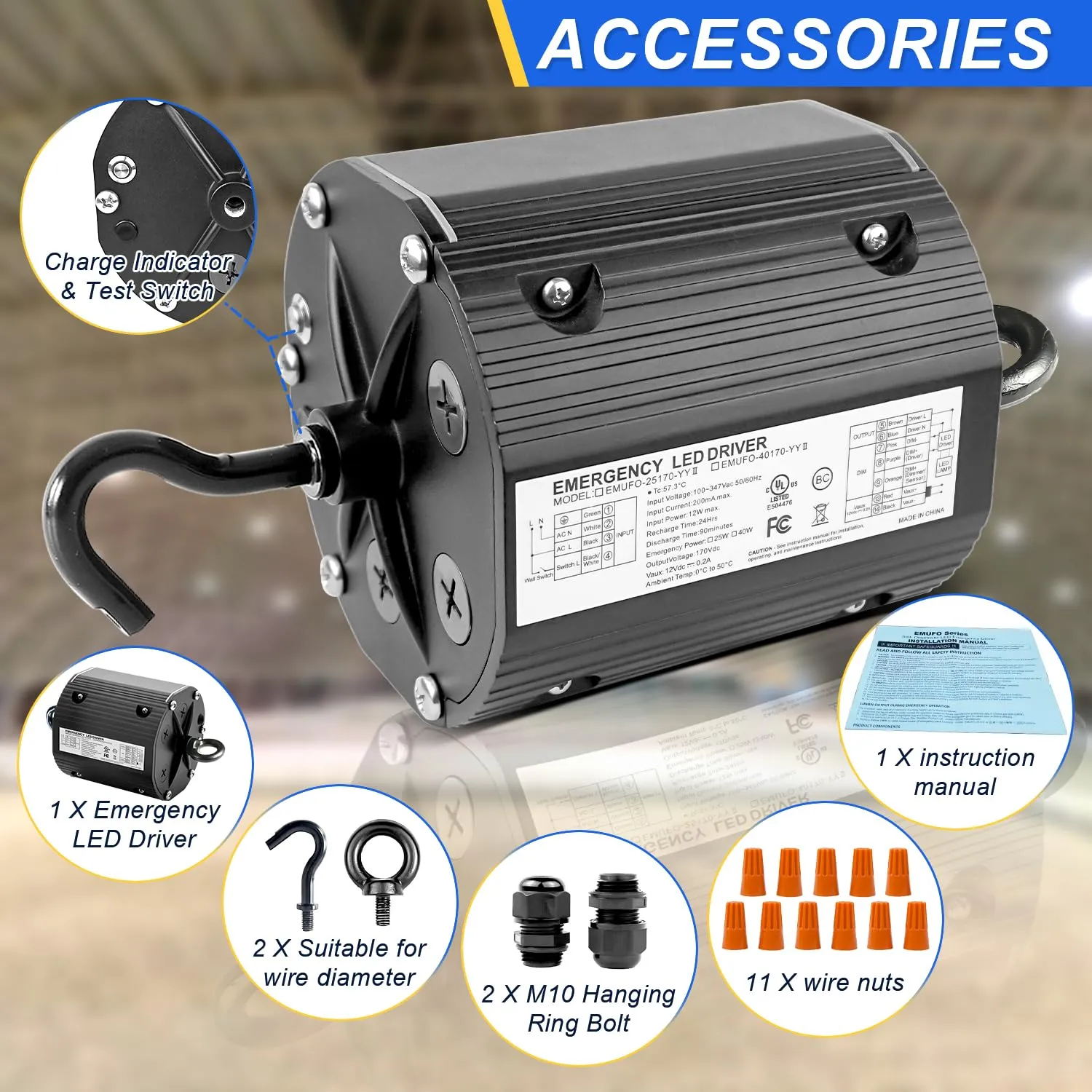 40W LED Emergency Backup Driver, Rechargeable UL Listed Backup Battery for Dimmable UFO LED High Bay Light, Input AC 100-347V Output DC 170V, Emergency Time 90 Minutes (4-Pack)