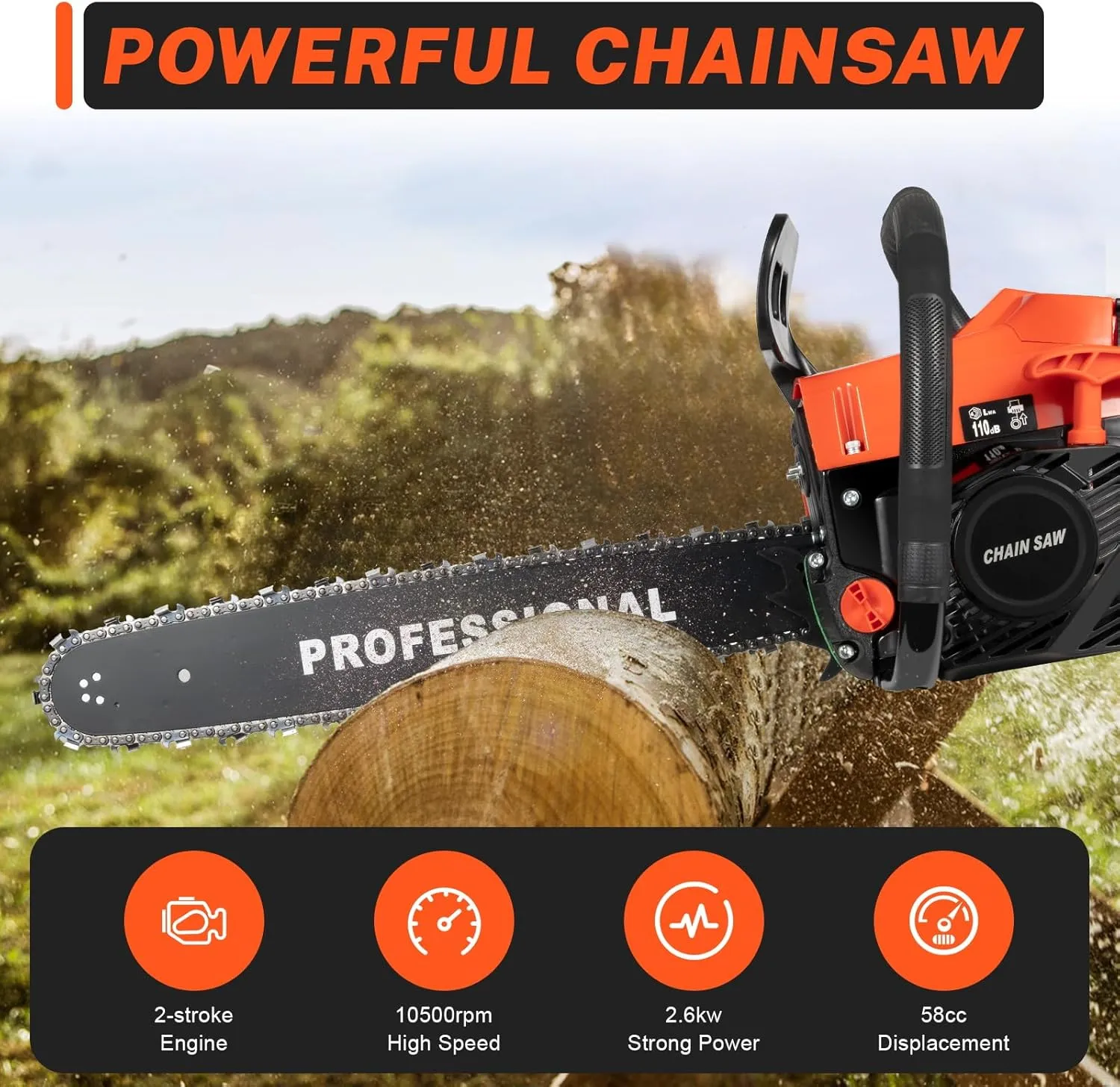 58cc Gas Chainsaws, 20 Inch 2-Stroke Gas Powered Chainsaw Kit, Handheld Cordless Chain Saw Include Tool Bag&Fuel Bottle for Wood Cutting, Forest Felling, Tree Pruning
