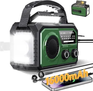 59200mWh Emergency Radio - 16000mAh Portable Solar Hand Crank NOAA/AM/FM Weather Radio with Battery Powered & USB Charger,SOS Alarm,Flashlight, Reading Lamp for Outdoor Camping,Storm,Survival Kits