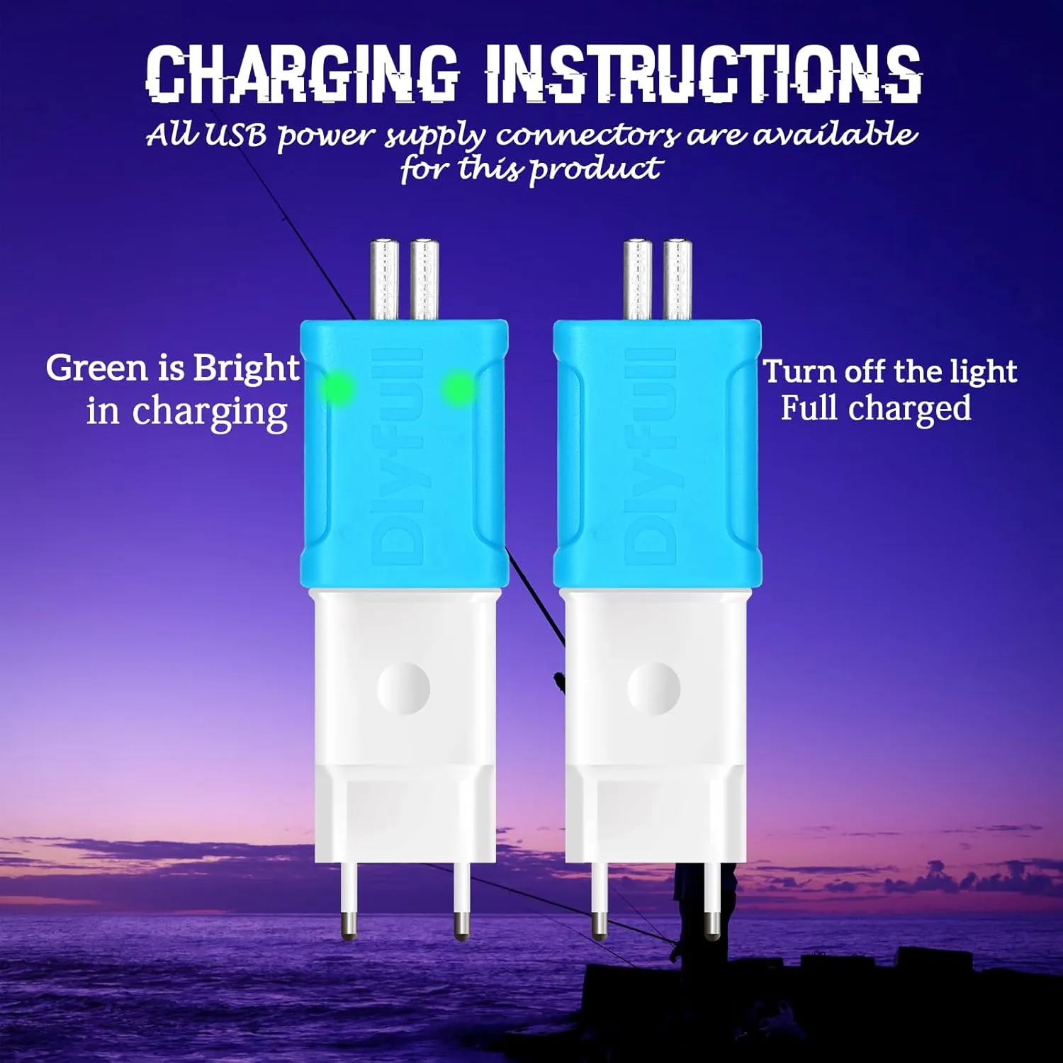 6 Pcs Fishing Glow Sticks LED Fishing Pole Light Night Fish Alert Glow Stick with 8 Pcs Rechargeable CR425 Battery and Battery Charger