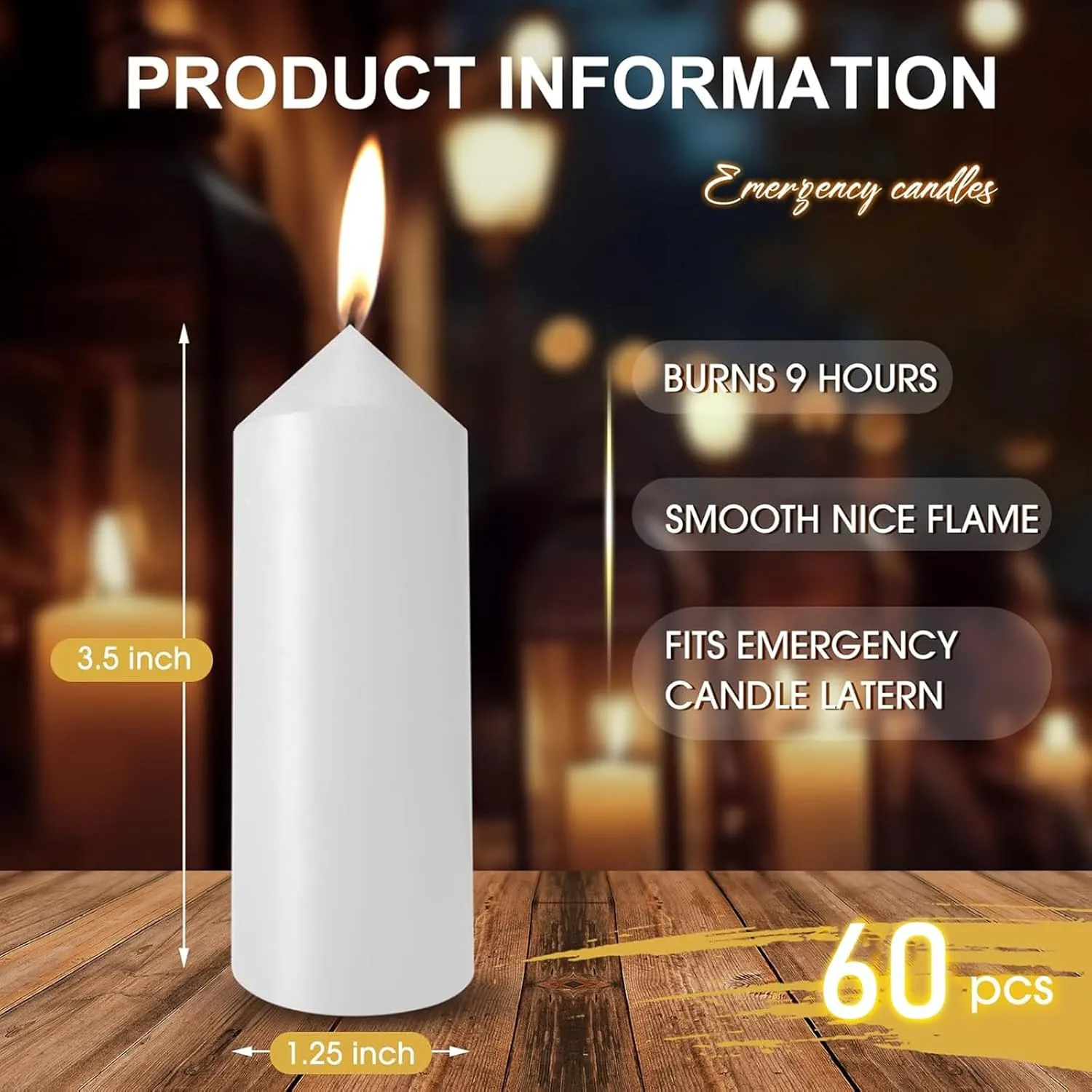 60 Pack 9-Hour Emergency Candles Long Burning Survival Candles Compatible with Lantern for Outdoor Camping Power Outage Emergency Survival Preparedness (Lantern Not Included)