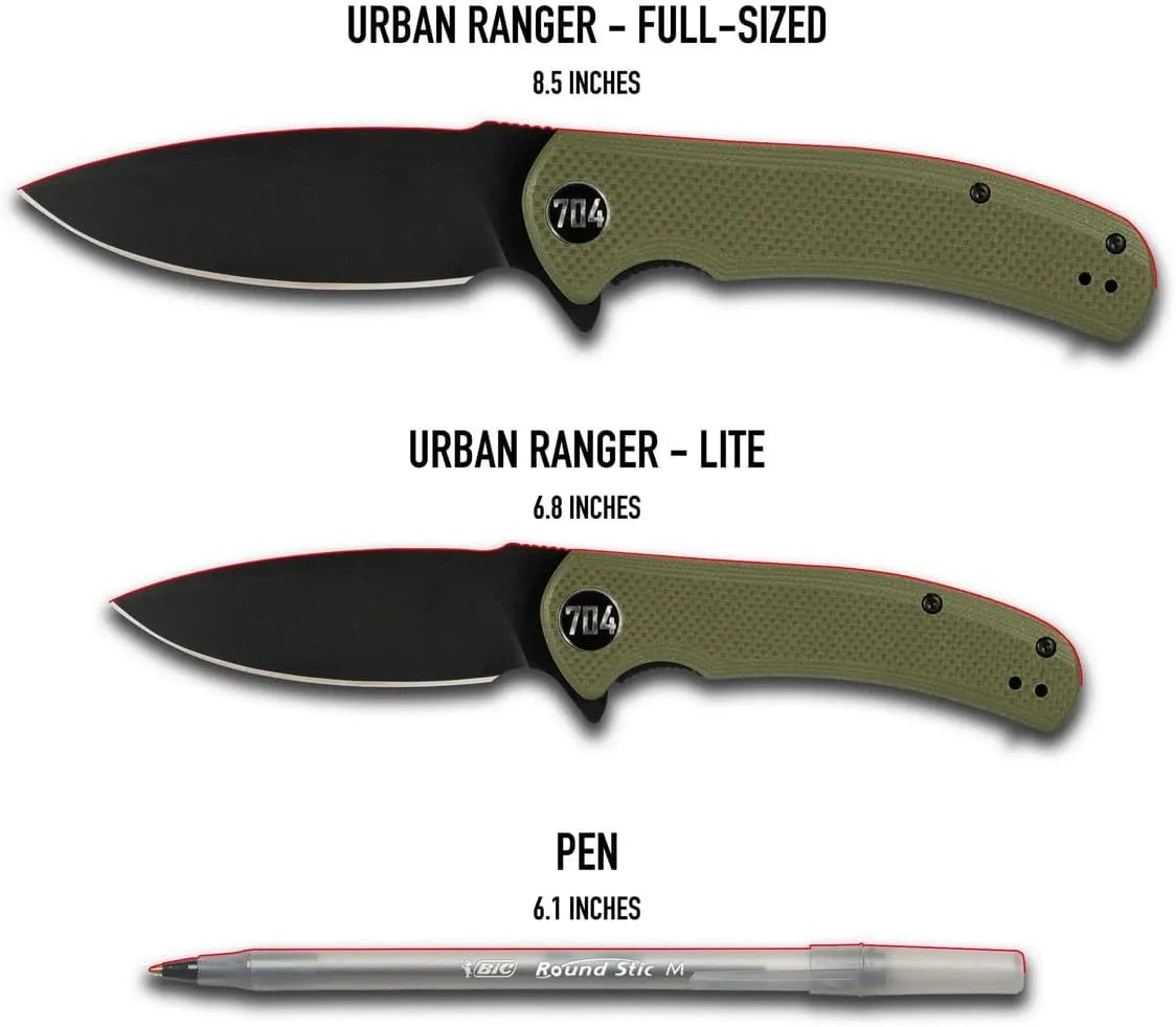 704 Gear Urban Ranger EDC Folding Pocket Knife | Full Size 3.74" Blade, D2 Steel, G10 Handle, Reversible Pocket Clip | Olive Drab Green