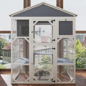 73" H Large Catio Outdoor Cat Enclosure with 3 Platforms & 2 Resting Box, Wooden Outdoor Cat Enclosure Weatherproof, Mulitiple Cats Walk in Cat Cage