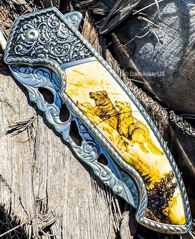 8.25" Wolf Spring Assisted Folding Pocket Knife Metal Belt Clip Engraved