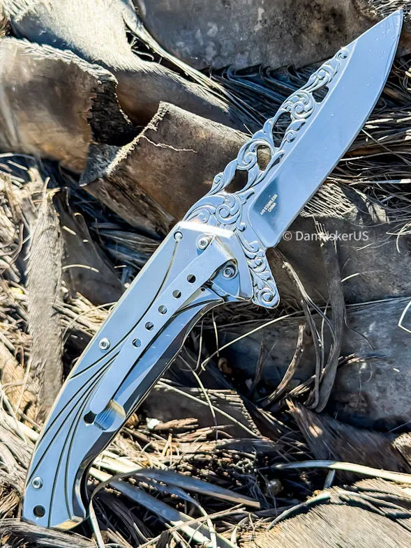 8.25" Wolf Spring Assisted Folding Pocket Knife Metal Belt Clip Engraved