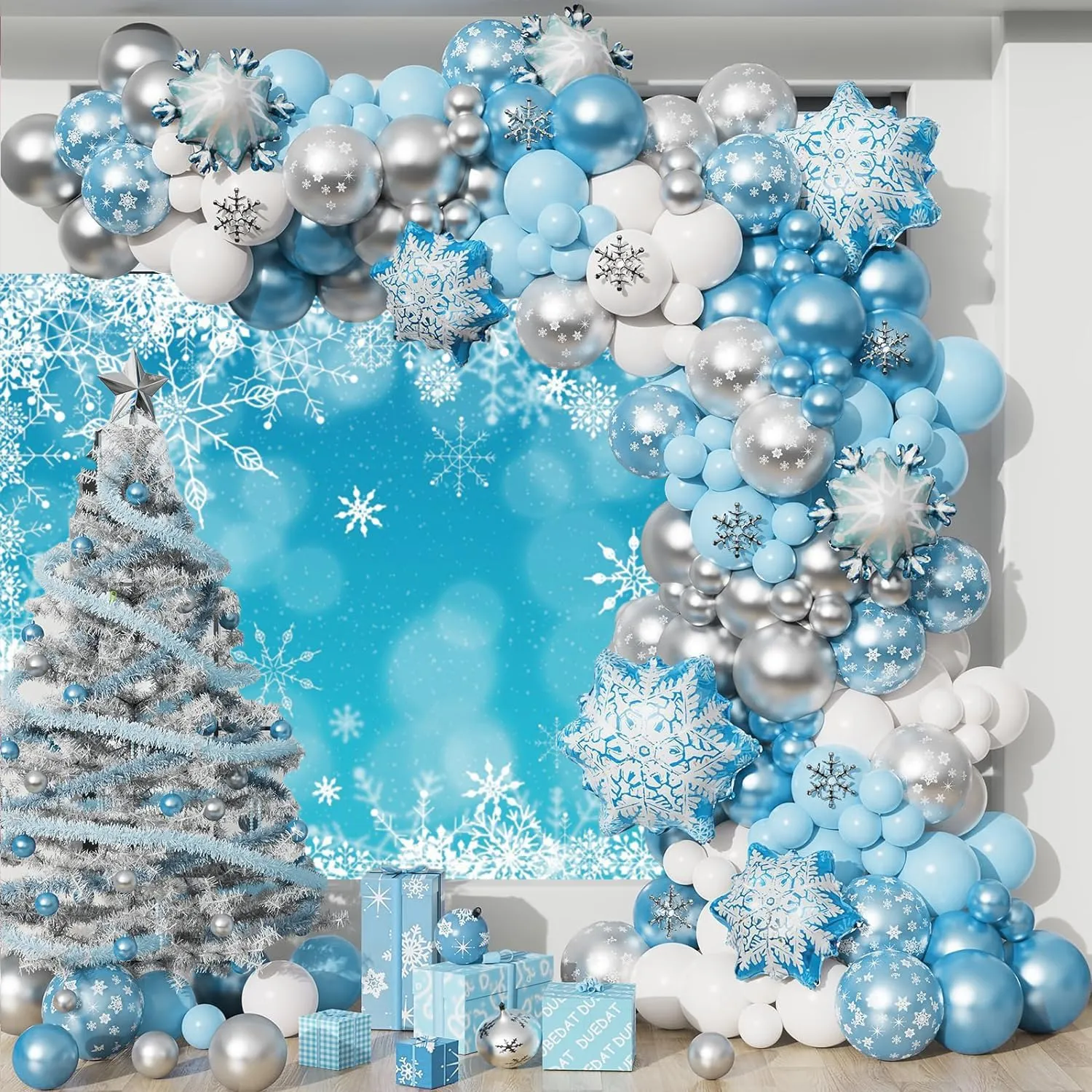 8x6ft Shiny Snowflakes Photo Backdrop Ice Blue Bokeh Ice Photography Background for Kids Merry Christmas New Year Party Decor Banner Baby Shower Portrait Photo Booth Props