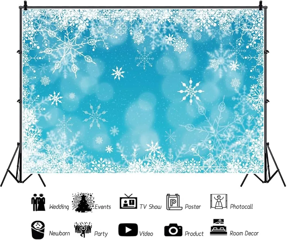 8x6ft Shiny Snowflakes Photo Backdrop Ice Blue Bokeh Ice Photography Background for Kids Merry Christmas New Year Party Decor Banner Baby Shower Portrait Photo Booth Props
