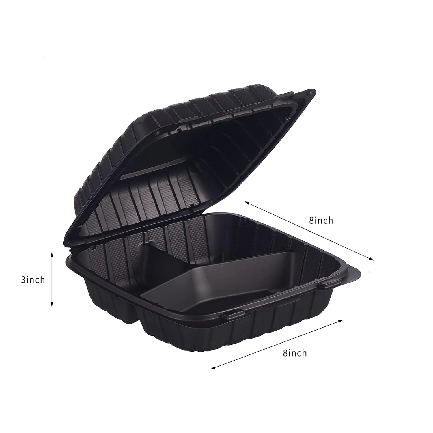 8X8" 3-Compartment 50-Pack Plastic Clamshell Takeout Food Trays Heavy Duty Togo Disposable Box For Pasta Salad Sandwich Carryout Meal Prep Packaging Catering Hinged Containers With Secure Snap Lid