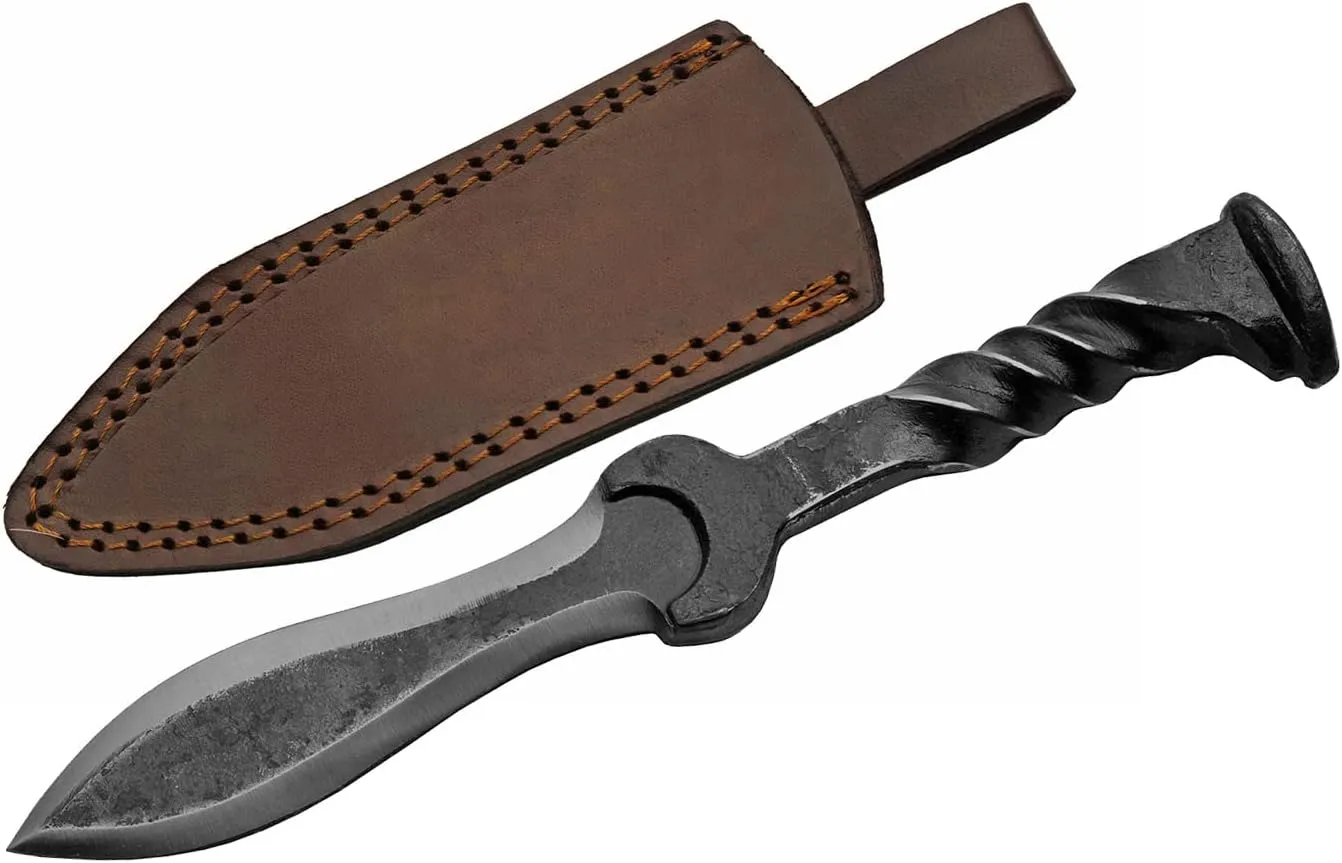 9.5" Hand Forged Carbon Steel Railroad Spike Medieval Twisted Handle Dagger with Sheath, Gray