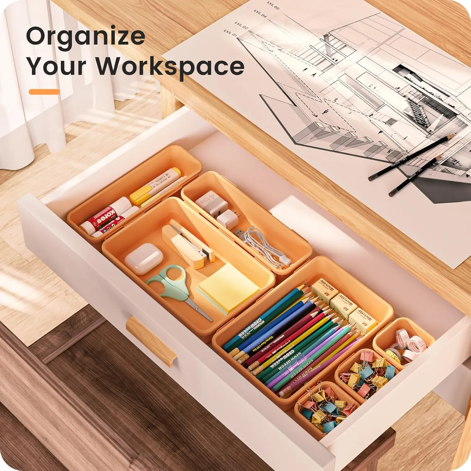 A-LuGei 【42Pcs】【Orange】 Tool Box Organizer Tray Divider Set, Desk Drawer Organizer, Garage Organization and Storage Toolbox Accessories for Rolling Tool Chest Cart Cabinet Work Bench Small Parts