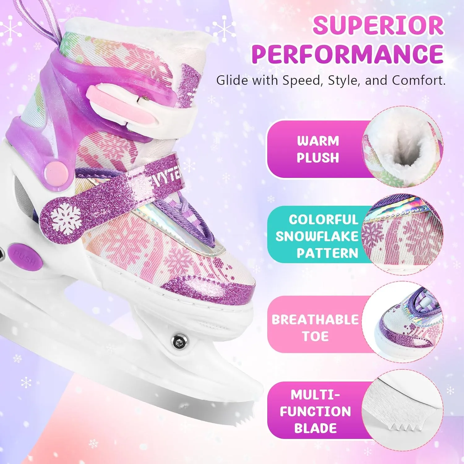 Adjustable Snowflake Ice Skates for Kids Boys Girls, Comfort Lining Ice Skating Shoes Every Winter Adventure for Beginner - Ages 3-12,Green & Pink,Purple