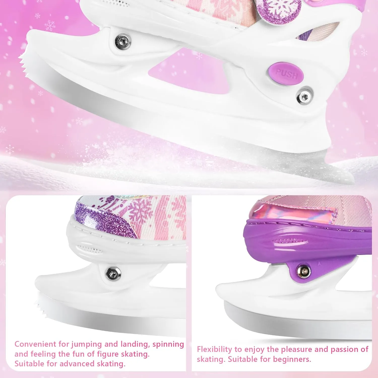 Adjustable Snowflake Ice Skates for Kids Boys Girls, Comfort Lining Ice Skating Shoes Every Winter Adventure for Beginner - Ages 3-12,Green & Pink,Purple
