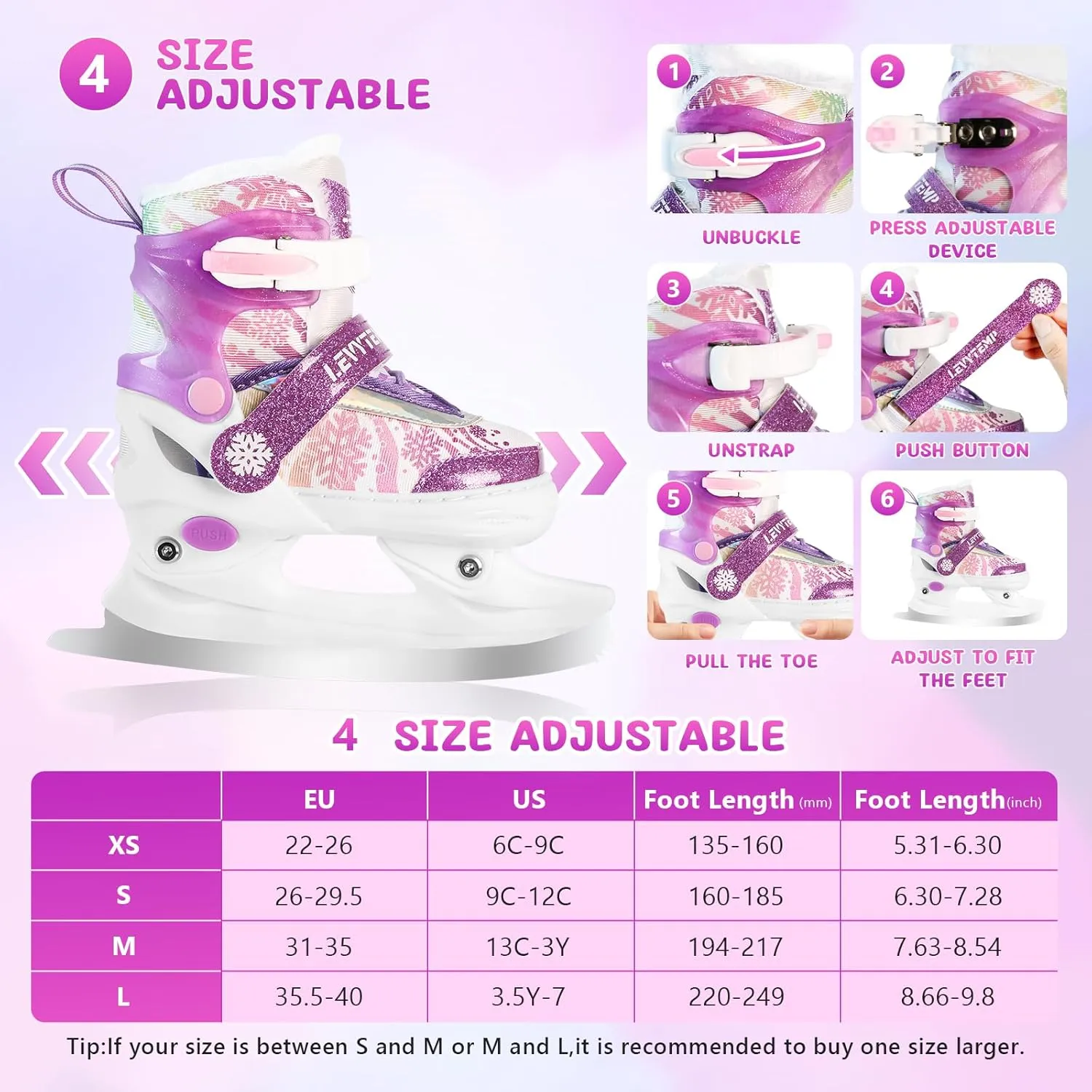 Adjustable Snowflake Ice Skates for Kids Boys Girls, Comfort Lining Ice Skating Shoes Every Winter Adventure for Beginner - Ages 3-12,Green & Pink,Purple
