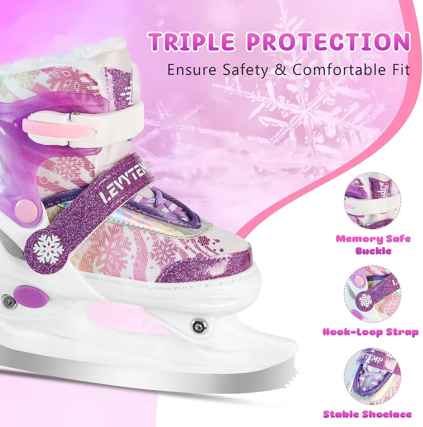 Adjustable Snowflake Ice Skates for Kids Boys Girls, Comfort Lining Ice Skating Shoes Every Winter Adventure for Beginner - Ages 3-12,Green & Pink,Purple