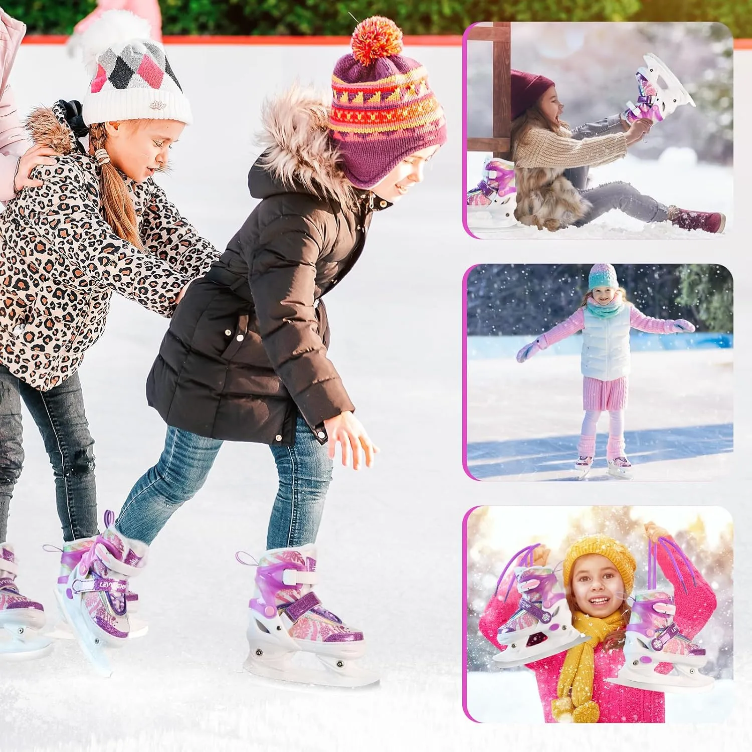 Adjustable Snowflake Ice Skates for Kids Boys Girls, Comfort Lining Ice Skating Shoes Every Winter Adventure for Beginner - Ages 3-12,Green & Pink,Purple