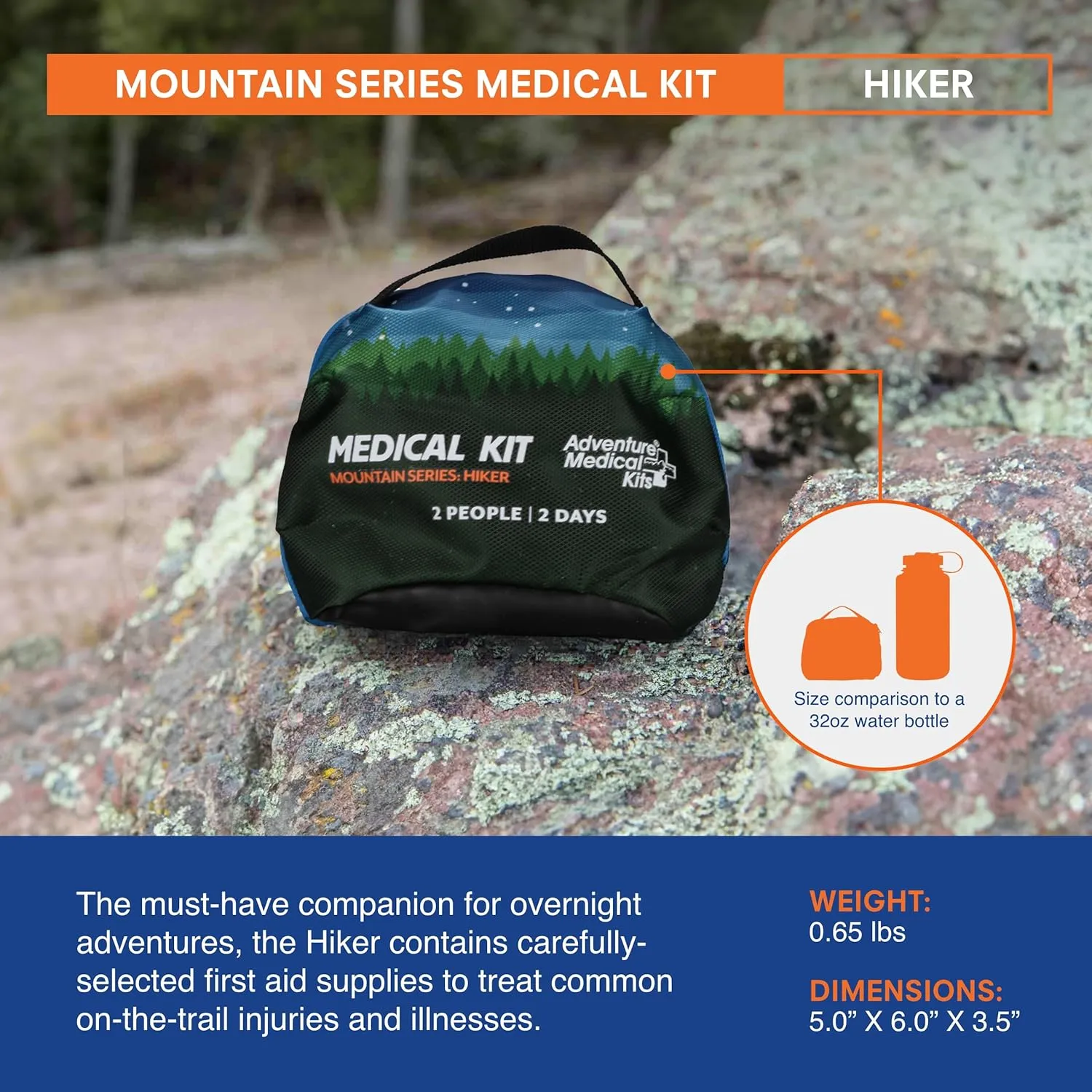 Adventure Medical Kits Mountain Series Medical Kit - Hiker - Emergency Medical First Aid Kit - for 2 People for 2 Days - Comes with a Trauma Pad, Medicine, Guide Book & More - Forest