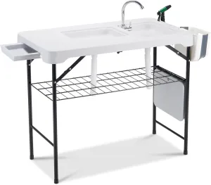 AHB 42'' Outdoor Fish Cleaning Table Portable Camping Sink Station with Double Sinks, Collapsible Swivel Faucet, Picnic Sink Table for Picnic Beach Patio