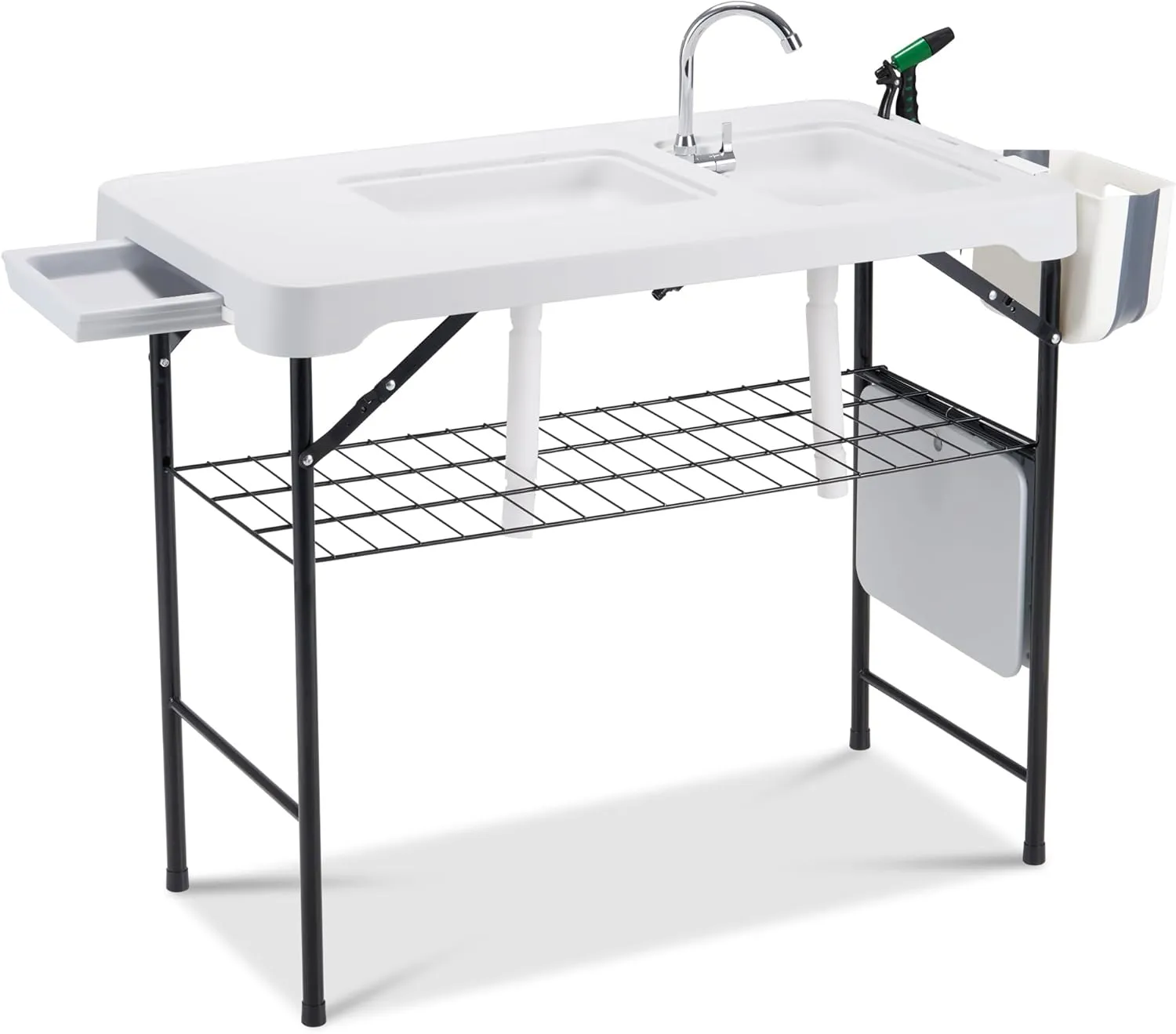 AHB 42'' Outdoor Fish Cleaning Table Portable Camping Sink Station with Double Sinks, Collapsible Swivel Faucet, Picnic Sink Table for Picnic Beach Patio