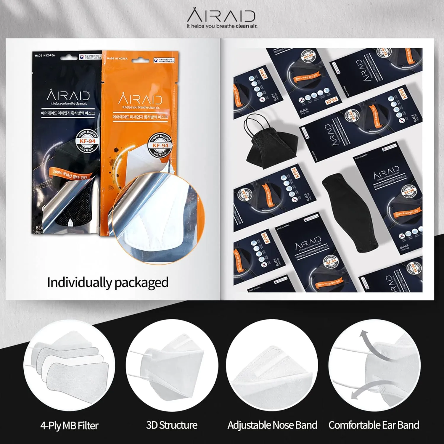 AIRAID-KF94 [Individually Wrapped] - Made in Korea, 4-Layer Filter, 3D Face Mask, Black, White, Adult and Older Teens