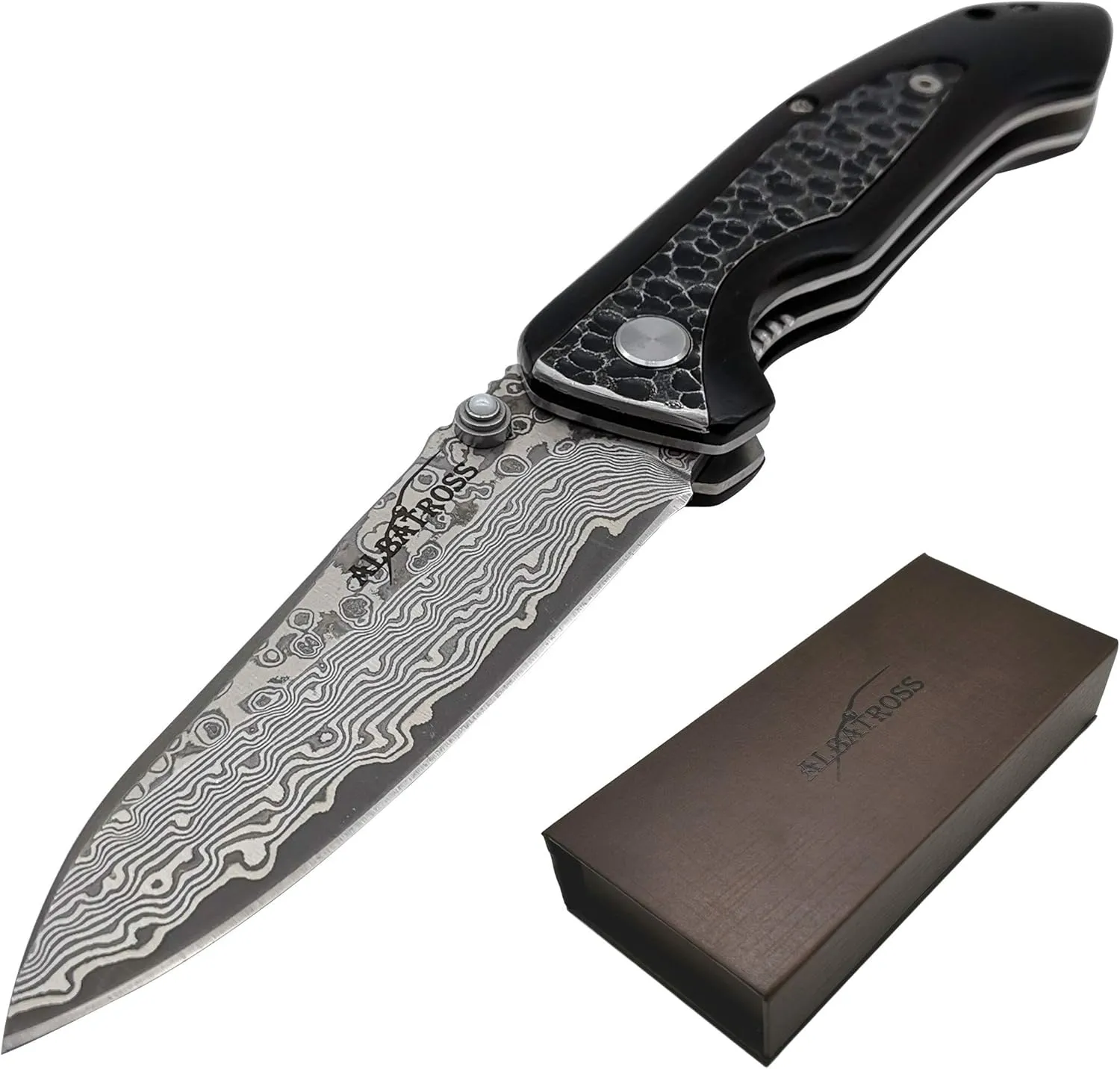 ALBATROSS Ebony Wood Damascus Pocket Knife - 7.5" EDC Folding Knife with 71-Layer Steel Blade - Liner Lock Mechanism - Handcrafted Gift Box - HGDK011