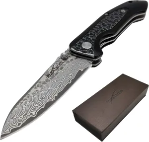 ALBATROSS Ebony Wood Damascus Pocket Knife - 7.5" EDC Folding Knife with 71-Layer Steel Blade - Liner Lock Mechanism - Handcrafted Gift Box - HGDK011