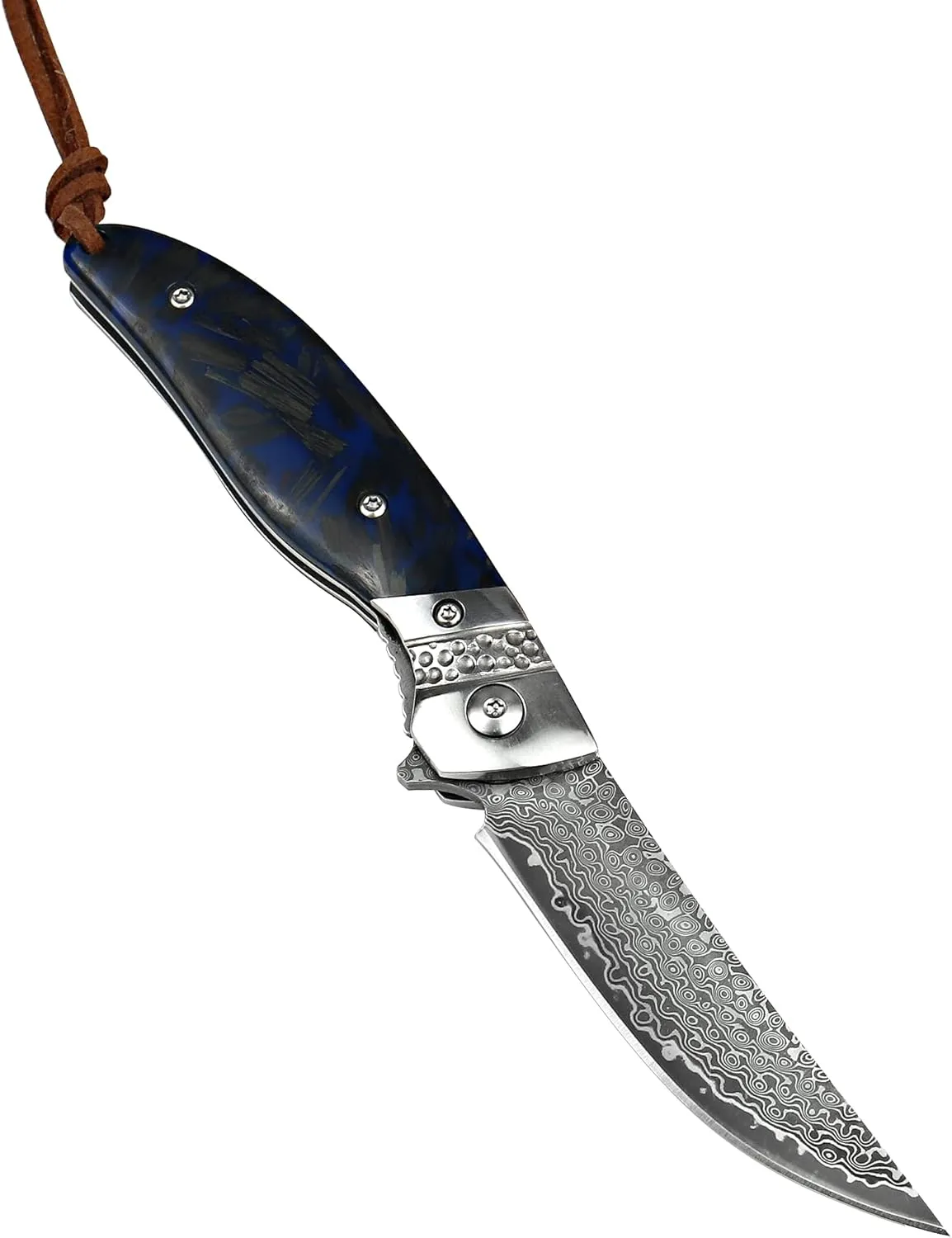 ALBATROSS HGDK028 EDC Sharp Mordern Damascus Folding Pocket Knife with Blue Fluorescent Carbon Handle,Ball Bearing Assisted Opening Knives with Liner Lock Tail rope，Gifts/Collections