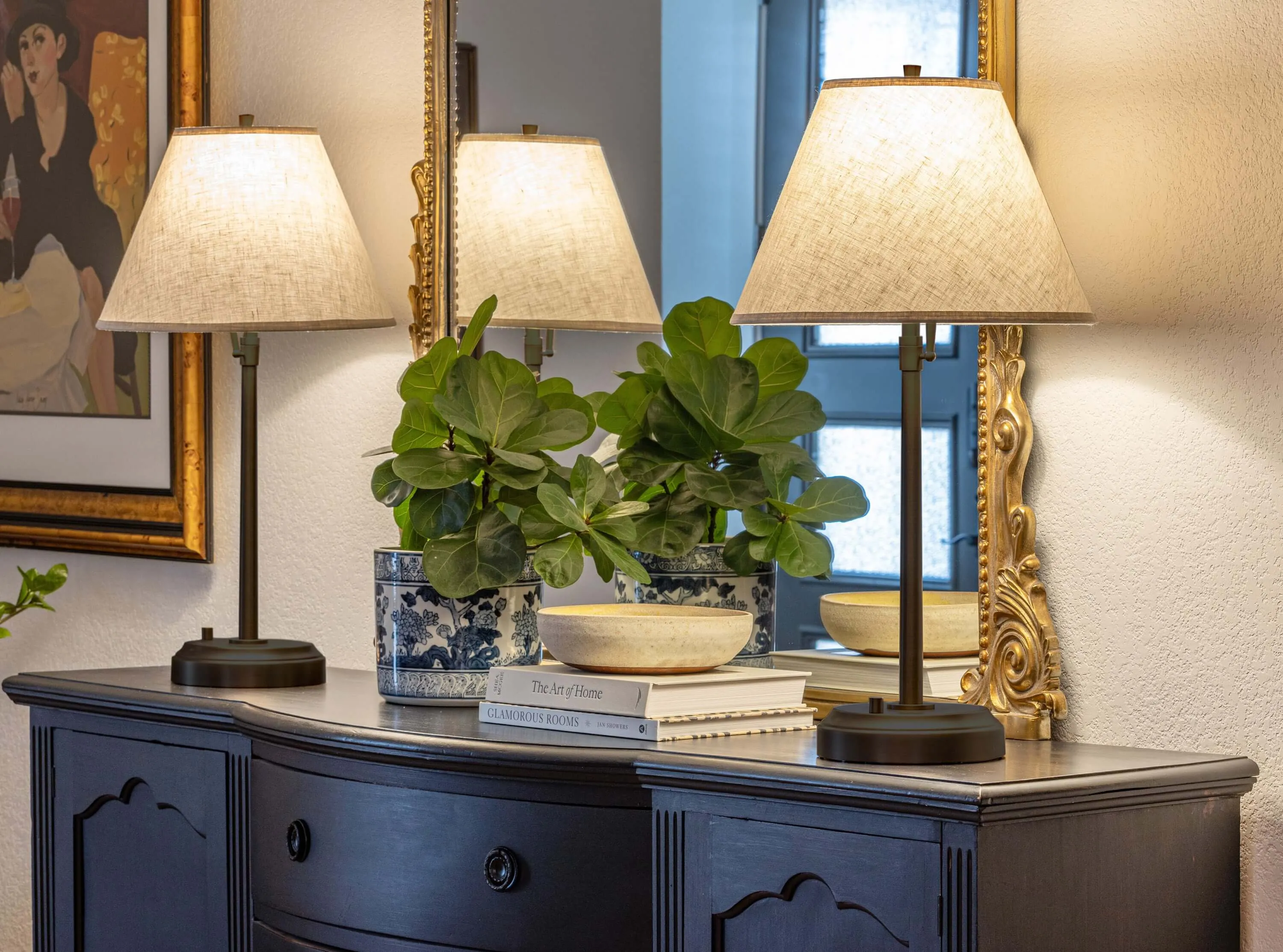Alexis Cordless Table Lamp - Black with Beige Empire Shade