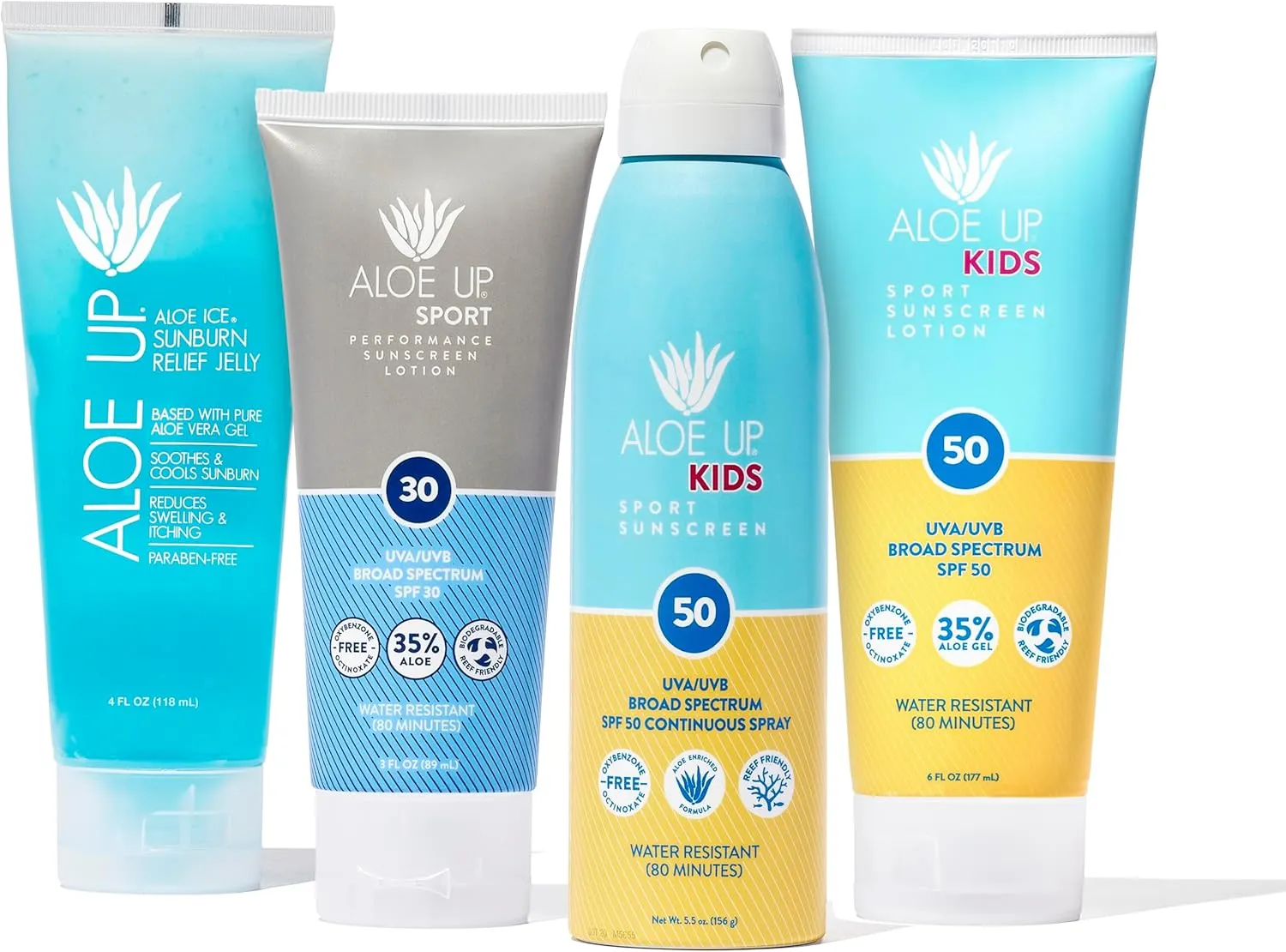 ALOE UP Aloe Ice Sunburn Relief Jelly, Kids Sport Sunscreen Lotion SPF 50, Kids Sport Sunscreen Spray SPF 50, and Sport Sunscreen Lotion SPF 30 - Suncare Bundle - Reef Friendly - 4 Items