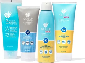 ALOE UP Aloe Ice Sunburn Relief Jelly, Kids Sport Sunscreen Lotion SPF 50, Kids Sport Sunscreen Spray SPF 50, and Sport Sunscreen Lotion SPF 30 - Suncare Bundle - Reef Friendly - 4 Items